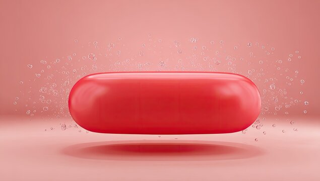 Red pill levitating on pink background, surrounded by bubbles