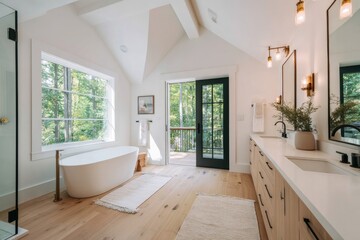 Bright, modern bathroom with a view.  Spacious, light-filled space features a large oval soaking tub, double vanities, and access to a deck