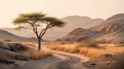 African Desert Landscape Acacia Tree by Winding Dirt Road Dry Grass Rocky Hills Mountains Warm Sunset Light Arid Nature Photography Safari Scene