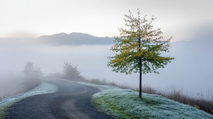 Misty Morning Landscape Tree on Frosty Hill Winding Road Above Valley Fog Sea of Mist Cold Atmosphere Peaceful Nature Photography Serene Dawn