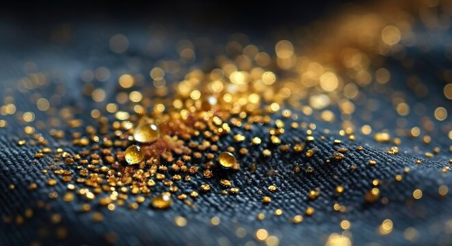 Tiny golden beads scattered across textured dark fabric with water droplets