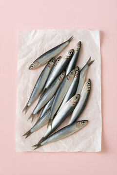 Fresh anchovies arranged naturally on a pastel pink background. Minimalistic concept.