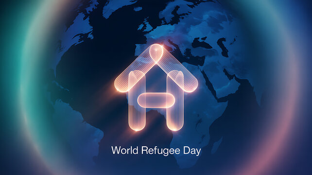 World Refugee Day symbol with glowing house icon over Earth background