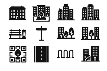 Icon square set blocks stair block bench between building zone vector urban