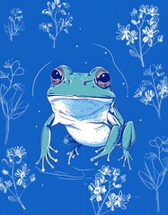 Cute frog surrounded by delicate flowers
