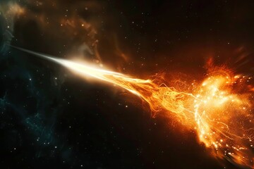 A fiery, celestial streak traverses a dark, star-studded expanse, its energy radiating outwards in swirling patterns of orange and teal nebulae