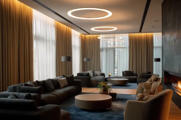 Spacious modern lounge area with floor-to-ceiling windows and a fireplace