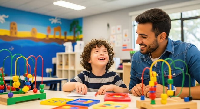  Teacher Helping a Young Boy with Educational Toys. A smiling teacher assists a young boy with curly hair as he plays with colorful educational toys at a table in a bright, decorated classroom