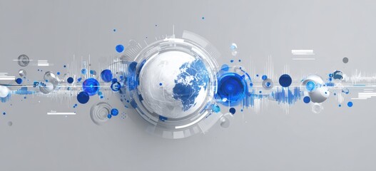 Abstract digital graphic of a globe surrounded by swirling, interconnected, geometric shapes and dynamic elements.  A blend of gray, white, and blue