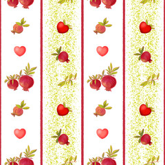 Pomegranate heart. Seamless pattern with stripes, pomegranate fruits and hearts on a white background.