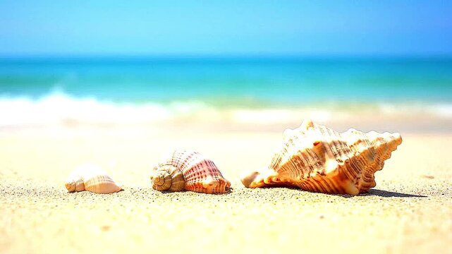 Row of seashells arranged by size on sand