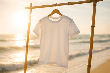 Light Cotton T-Shirt Mockup – Sun Flare Angle, Ocean & Bamboo Background
