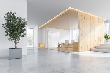 Modern, light-filled office hallway with meeting room