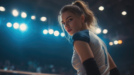 Female athlete in volleyball jersey with number 1 looking back in stadium under bright spotlights, showcasing sporty energy and competitive spirit, ideal for wallpaper or poster