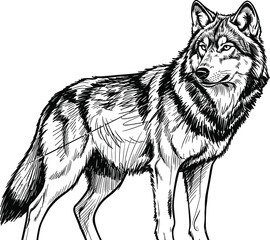 Black and white wolf line drawing, realistic animal sketch, detailed fur texture, wild predator pose, nature vector art, wildlife illustration