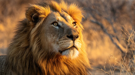 Majestic male lion illuminated by the golden glow of the savanna sunset