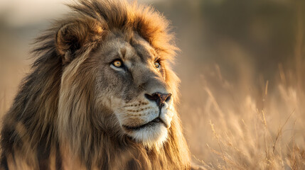 Fototapeta premium Majestic male lion illuminated by golden light in savanna