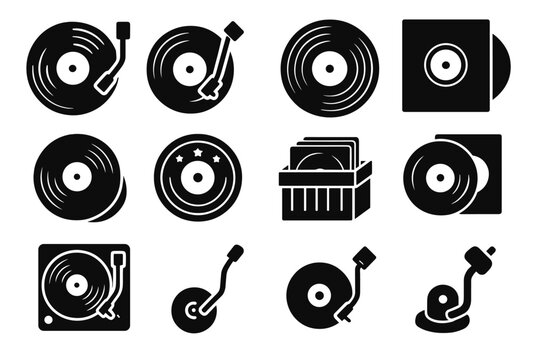 Grid icon stack crate stylus vinyl lp cover tonearm base vintage vector