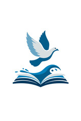 Peaceful dove flying above open book with spiritual water splashes, symbolizing knowledge, wisdom, faith, and freedom.