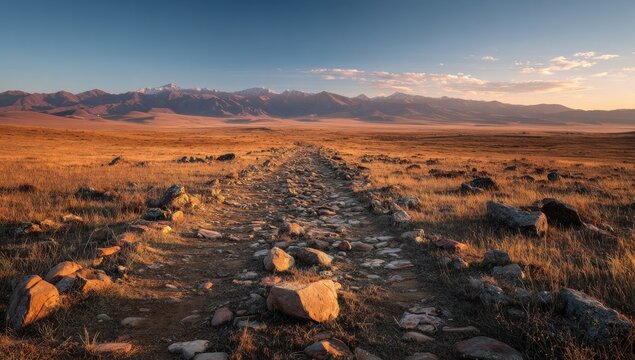 Sun-drenched path through a vast, dry landscape.  Rocky trail stretches into distance towards snow-capped mountains