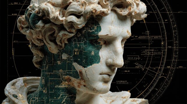 Weathered marble statue bust with graphic overlay - Powered by Adobe