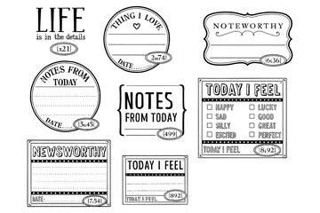 Vintage journaling labels and note taking stickers with text prompts, Transparent Background