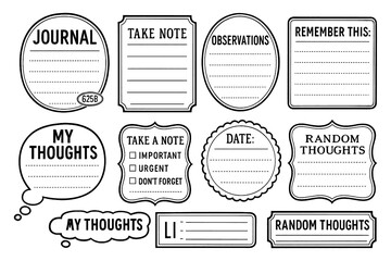 Vintage journaling labels and note taking stickers with text prompts, Transparent Background