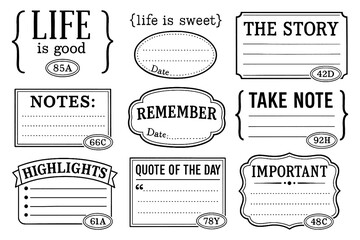 Vintage journaling labels and note taking stickers with text prompts, Transparent Background