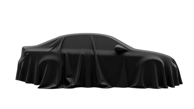 Sleek car silhouette covered with dark fabric, creating air of mystery and anticipation. smooth lines and curves hint modern design and innovation