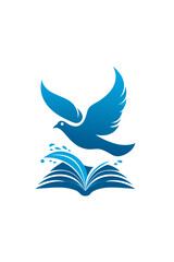 Obraz premium Stylized blue dove flying upwards from an open book, symbolizing peace, freedom, knowledge, and spiritual wisdom. Vector illustration.