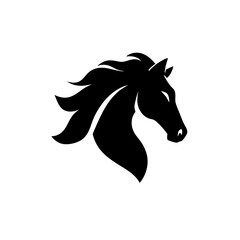 Powerful black horse head silhouette illustration, dynamic equestrian symbol, elegant animal graphic icon