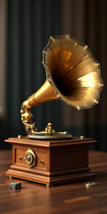 Elegant Vintage Gramophone with Brass Horn and Wooden Base Showcasing Classic Antique Music Player Design