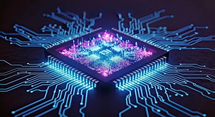  Complex Microchip With Glowing Pathways in Cyberpunk Aesthetic