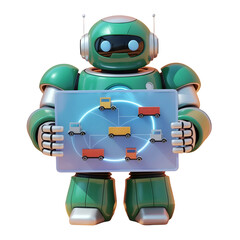Friendly green robot holding a digital display showing a circular diagram of vehicles