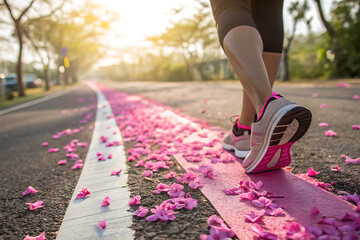 running on the road, A close-up of a runner's foot stepping onto a vibrant path decorated with pink petals in a sunny outdoor setting. Breast Cancer, Breast Cancer Awareness