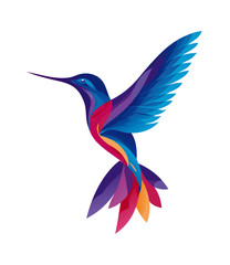 Fototapeta premium Vibrant abstract hummingbird vector illustration in flight, colorful geometric bird with spread wings on a white background, modern graphic design.