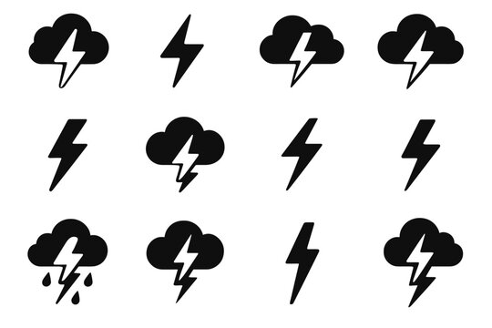 Set icon bolt crack electric weather vector rainy symbol thunderstorm silhouette cloud