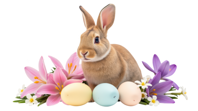 Cute rabbit sits among colorful eggs and vibrant flowers, creating cheerful spring scene filled with joy and celebration