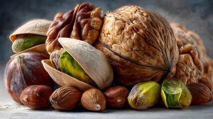 Mixed nuts walnuts pistachios hazelnuts healthy snack food nutrition closeup view