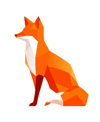 Stylized geometric fox illustration in orange and red hues, created with a modern low poly design on a clean white background.