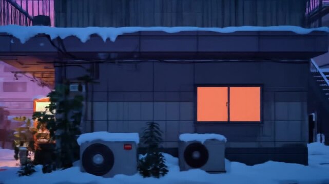 Snowy urban alleyway sunset