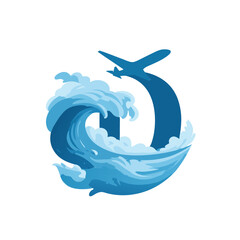 Naklejka premium Dynamic airplane and ocean wave illustration for summer travel, vacation, and adventure journeys. Global flight concept.