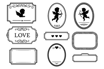 Romantic decorative label and cupid frame set with hearts in vintage style, Transparent Background