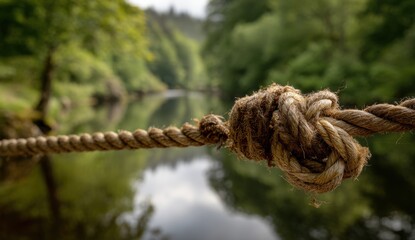 Close-up of a rope knot over a calm river