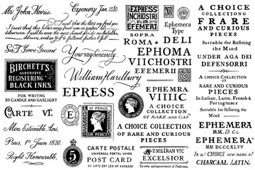 Vintage typography collage with antique labels stamps and old newspaper ads, Transparent Background © FriskySloths