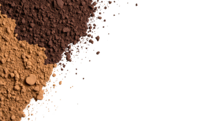 Rich brown and orange powder textures create striking contrast against transparency background, evoking sense of warmth and earthiness