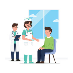 Doctor consulting with patient in a medical examination room with a nurse present