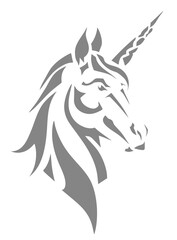 Fototapeta premium Stylized unicorn head illustration, mythical fantasy creature in tribal grey stencil design, magical animal concept art on white.