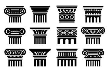 Set of ancient Greek and Roman decorative column capitals in bold black style, Transparent Background