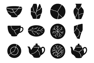 Plate lines fracture shard collection kintsugi seams vector split icon fragmented gilded